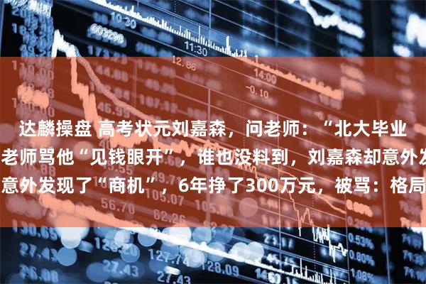 达麟操盘 高考状元刘嘉森，问老师：“北大毕业后，能年薪百万吗？”老师骂他“见钱眼开”，谁也没料到，刘嘉森却意外发现了“商机”，6年挣了300万元，被骂：格局太小，钻进钱眼里了